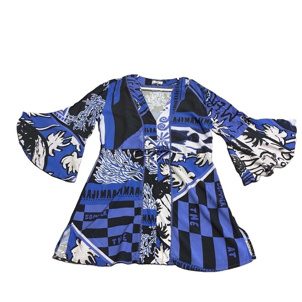 Maaji Eclectic Women’s Ocean Joyous Kaftan Mini Dress Cover Up Blue Size Medium